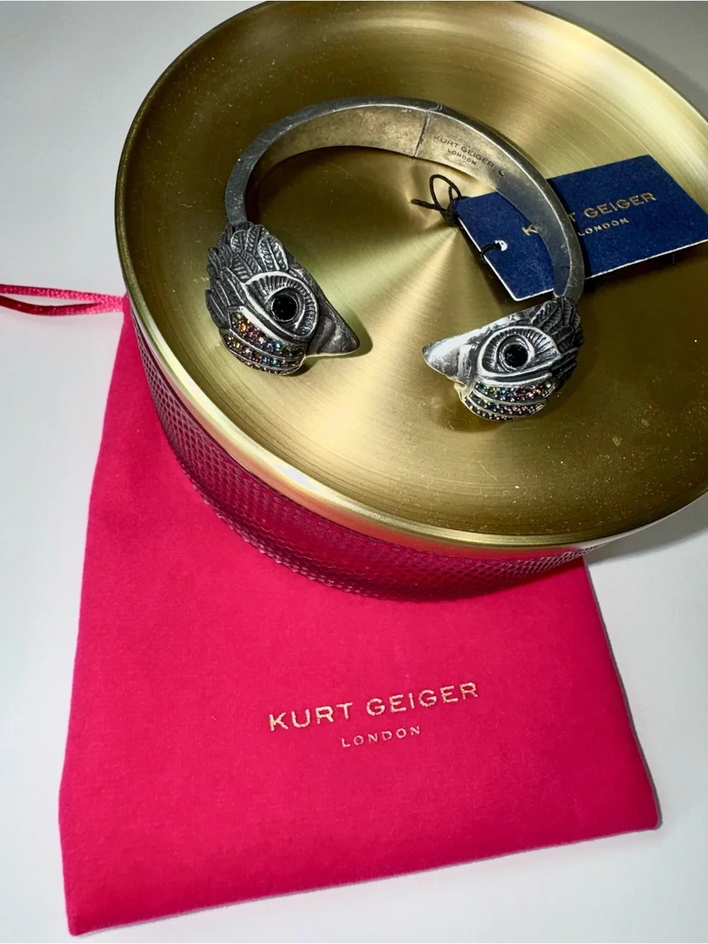 KURT GEIGER London Crystal Eagle Head Open Cuff Bracelet Rainbow Rhinestone NEW
